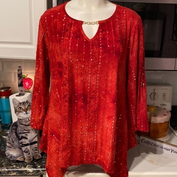 D womens Sami & Jo solid red stretch 3/4 sleeve plus size top 1X - Picture 1 of 4